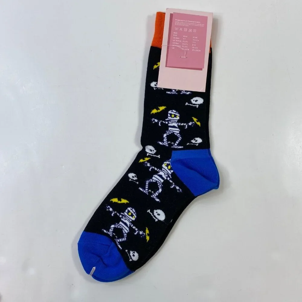 Womens Halloween Crew Socks 2-Pack Skulls Spider Webs Mummies Black Orange Blue